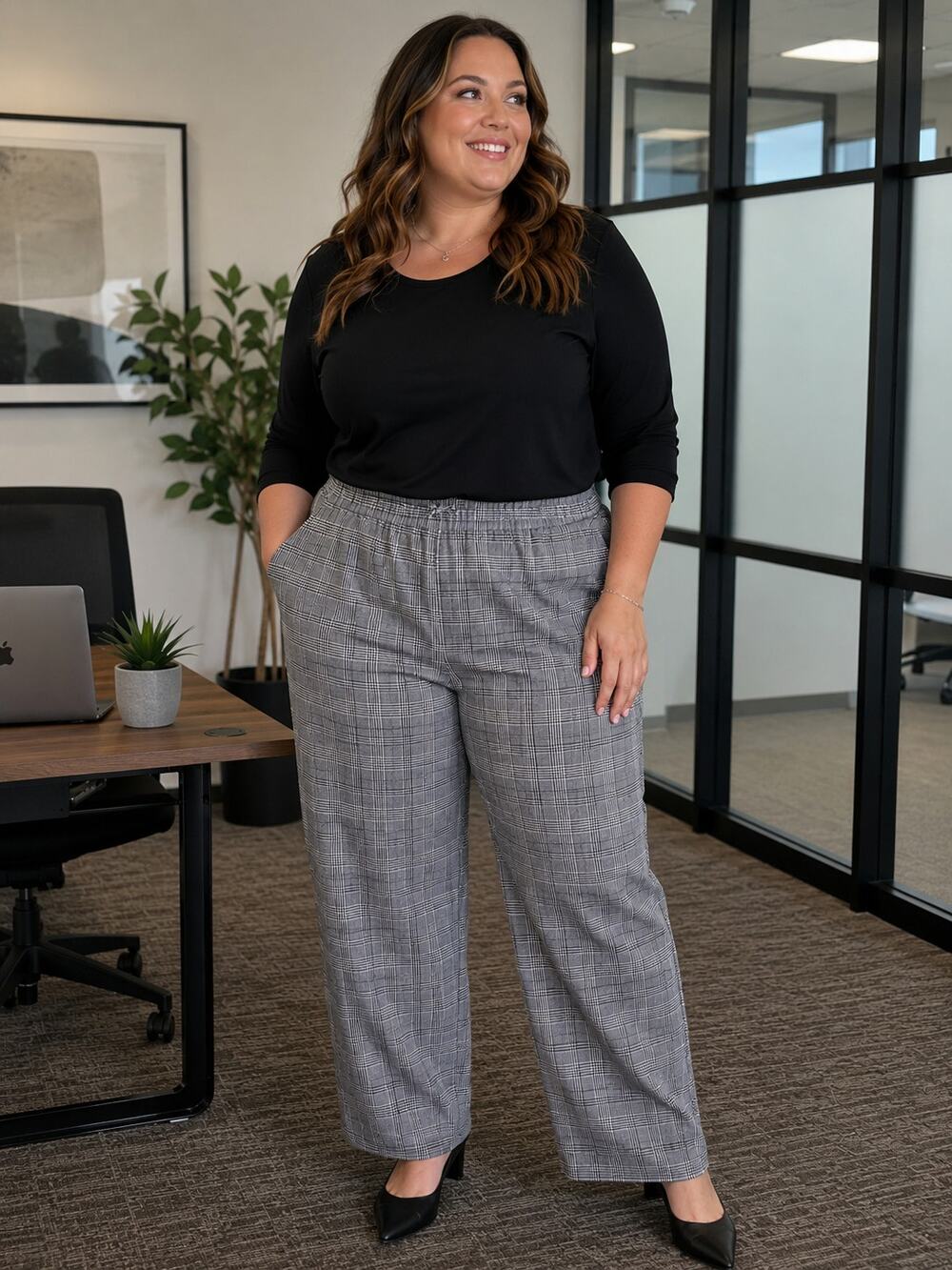 Ophelia Roe Women’s Plus Size 2X Gray Plaid Pull-On Career Pants Office Trouser